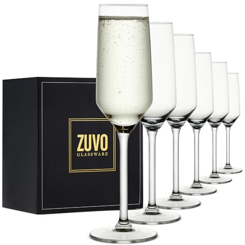 Zuvo Crystal Champagne Flutes Glasses (Set of 6, 21 cl) – Elegant Prosecco Sparkling Wine Glasses with Tall Stems for Weddings and Celebrations