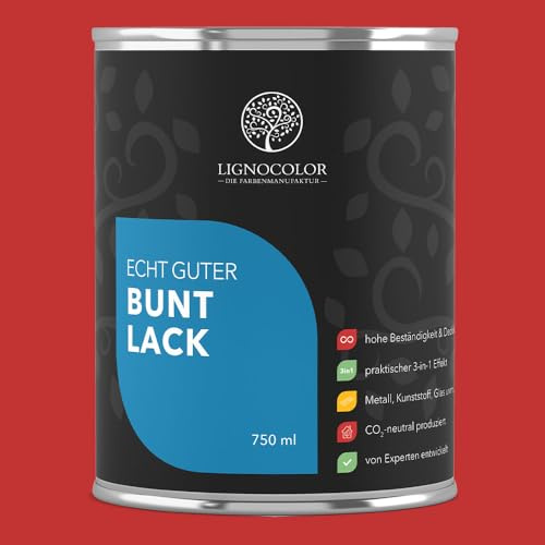 Lignocolor Buntlack glänzend (750 ml, Rot) | hochbeständiger Lack für Holz, Metall, Kunststoff & Kinderspielzeug
