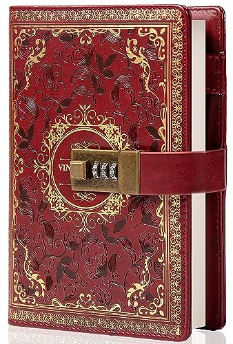 Vintage läderjournal anteckningsbok med kombinationslås, A5 präglad blomma hemlig dagbok linjerat papper för att skriva, present till kvinnor flickor barn (vin)