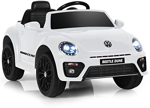 COSTWAY Coche Eléctrico Volkswagen Beetle para Niños y Niñas, Coche de Batería con Control Remoto, Luces, Asiento Cómodo, Doble Puerta, Música, Vehículo Motorizado para Niños y Niñas (Blanco)