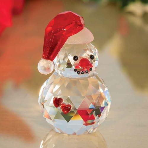 Bits and Pieces Small Crystal Snowman Figurine – Sparkling Holiday Décor with Red Hat, Carrot Nose, and Crystal Hearts – Charming