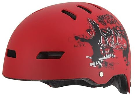 Kinder Fahrradhelm AERO – Fahrrad Halbschalenhelm für Kinder, ABS-Schale, robuster Kinderhelm für Radfahren, Skateboarden und Reiten, Rot matt mit Print, Größe L, 54 – 62 cm