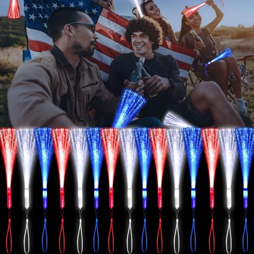 YOFOBU 15 Pack Red Blue White Fiber Optic Wands Glow Fiber Wands Bulk LED Light Up Wands with 3 Flashing Modes LED Flashing Sticks for July 4th Halloween Wedding Birthday Carnival Bachelor Party