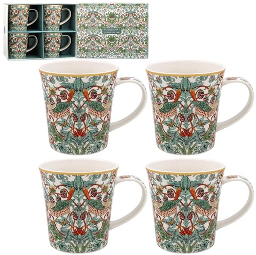 The Leonardo Collection William Morris Strawberry Thief Mugs Set of 4 Kitchen & Home | Tableware Mug Set of 4 for Every Occasion | Lovely Coffee Cup Set for Mens Gifts & Birthday Gifts for Women