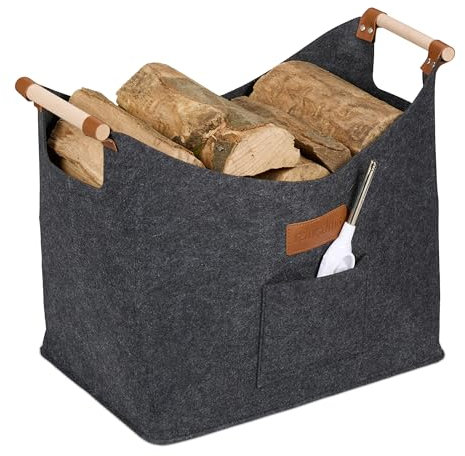 Relaxdays Cesto Portalegna in Feltro da 50L, con Maniglie in Legno, HLP: 40x51x32 cm, Cestino Porta Legna Camino, Grigio