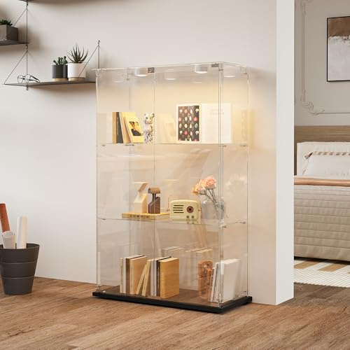 KSFASHZ Vetrina in Vetro con LED, Vetrine di Vetro 3 Ripiani 2 Porta, Vetrinetta in VetroVetrinetta Espositiva a Colonna Vetrina Soggiorno Trasparente Vetrinette Espositive inVetro, Nero