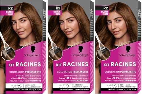 Schwarzkopf - Lot de 3 Kit Racines - Coloration Racines Cheveux Permanente - Enrichie d’une huile nourrissante - Couverture Cheveux Blancs - Retouche entre 2 Colorations - Châtain Doré R2