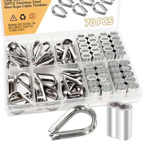 zDwfDc 70PCS 1/8 Cable Crimp Wire Rope Aluminum Crimping Loop Sleeve and M3 304 Stainless Steel Wire Rope Cable Thimbles DD041-1/8