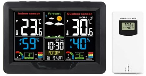Orologio della stazione meteorologica digitale Misuratore di temperatura e umidità for interni ed esterni Previsioni meteo Orologio da tavolo elettronico wireless,Prevedere con precisione(Noir)