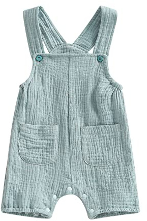 Himllauen Baby Infant Boys Girls Summer Casual Romper Solid Color Sleeveless Cotton Overalls with Pockets Baby Boy Girl Cute Suspender Jumpsuit (Blue Green, 6-12 Months)