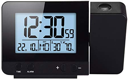ALLOMN Projektions Wecker, Digitaler Wecker Doppelalarm mit USB Ladeanschluss 12/24 Stunden Temperatur/Tag/Uhrzeit/Datumsanzeige/Schlummerfunktion (Schwarz)