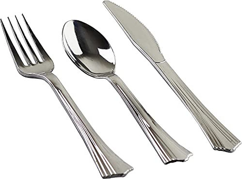144 Heavy Duty Silver Plastic Cutlery Set - 48 of Each Piece Quality Bulk Reusable Fancy Plastic Silverware Perfect for Parties