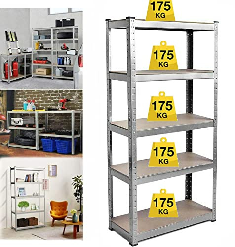 Estantes de garaje, estante de carga pesada de 5 niveles, 200 x 100 x 50 cm, capacidad 875 kg (175 kg/nivel), tablas ajustables, marco de acero reforzado, garantía de 5 años (plata)