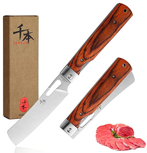 SENBON 440A Acier Inoxydable Ultra Sharp Pocket Couteau de Chef Pliant Style Japonais Couteau d'office Couleur Manche en Bois Camping Voyage Extérieur Couteau de Cuisine Portable