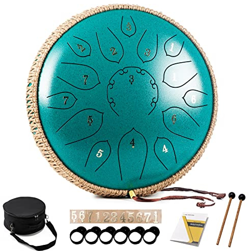 HOPWELL Steel Tongue Drum - 15 Note 12 Inch Tongue Drums - Percussion Instruments - Hand Pan Drum with Music Book, Drum Mallets and Carry Bag, D Major, Malachite Green
