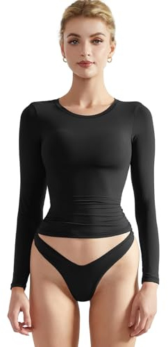 SUUKSESS Women Double Lined Fitted Basic Tee Shirts Crew Neck Long Sleeve Going Out Crop Tops (Jet Black, S)