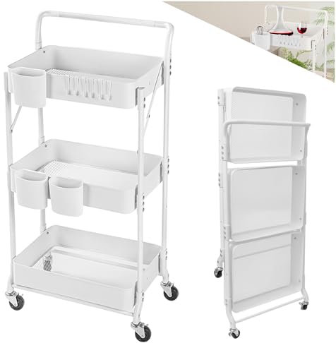 Allyson® Klappbarer Aufbewahrungswagen 3 Etagen - Faltbarer Servierwagen mit Rollen, Rollregal mit Körben & Haken, Küchenwagen, Badregal, Beistellwagen, Organizer für Haushalt, Büro & Badezimmer- Weiß