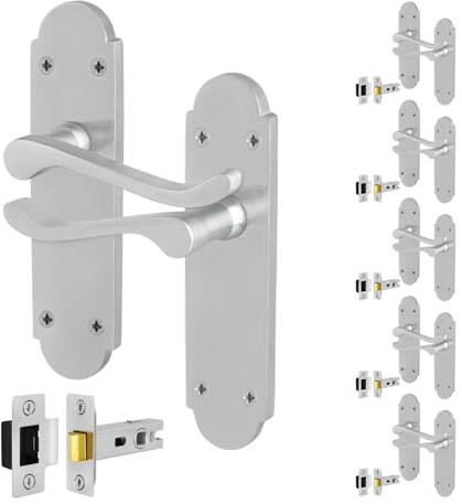 EAI Satin Door Handles with Latch, 6 Pairs Internal Satin Chrome Victorian Scroll Shaped Backplate, Latch 64mm