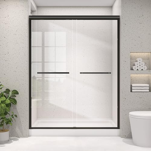 OGONBRICK Shower Door 56-60 in. W x 75 in. H Double Sliding Semi-Frameless Glass Shower Doors for Bathroom 1/4 inch Clear Tempered Glass Door for Walk-in Shower Matte Black Harewares