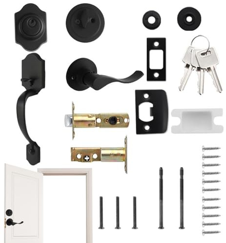 Pomo de puerta exterior – Manija de entrada exterior para puertas de madera | Aleación de aluminio negro y acabado cepillado, actualización segura de hardware para el hogar para entrada, patio, baño