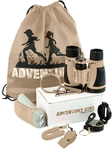 Adventure Kidz Tan Outdoor Exploration Kit for Children | Children's Binoculars, Flashlight, Compass, Fox Whistle, Magnifying Glass, Backpack Included, Educational & Pretend Play