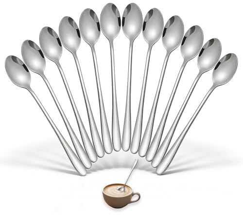 12 Piezas Cucharas de Mango Largo 20cm, Cucharillas de Acero Inoxidable para Café Té Helado Cóctel Yogur Batidos, Cucharas Agitadoras para Bebidas Frías y Calientes, Plateado