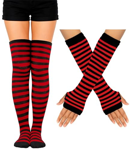 BAOKELAN Striped Knee High Socks for Women Over Knee Socks and Fingerless Gloves Set