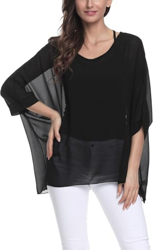 OUKIN Women Boho Stripe Sheer Chiffon Blouse Loose Batwing Sleeve T-Shirt Tunic Pullover Tops (X-Large, Black)