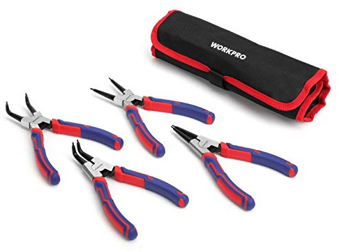 WORKPRO 4-Piece Snap Ring Pliers Set - Heavy Duty 7-inch Internal/External Circlip Pliers Kit (Tip Diameter 5/64'')-Straight/Bent Jaw - Cr-V Steel - For Ring Remover Retaining- Storage Pouch Included