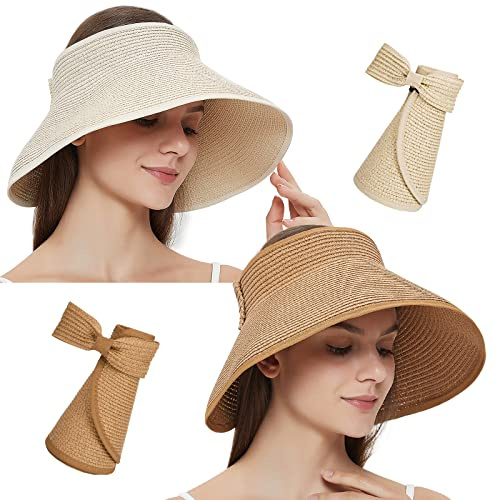 MAYLISACC 2 Piezas Visera de Verano Sombrero Paja ala Ancha para Mujeres con Protección Solar UV Top Abierto Empacable (Caqui + Crema)
