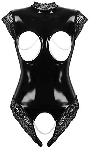 Freebily Damen Wetlook Body Brustfrei Latex Catsuit Kleid Ouvert Lackleder Bodysuit Nachtwäsche Pole Dance Nachtclub Outfit Schwarz XXL