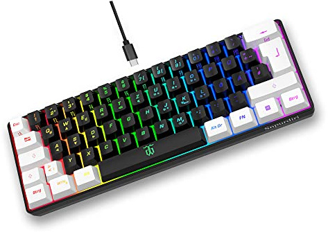 Snpurdiri Tastiera da gioco 60% cablata, piccola tastiera RGB compatta portatile per PC, Mac, ufficio, gioco (61 tasti, alfabeto tedesco, bianco-nero)