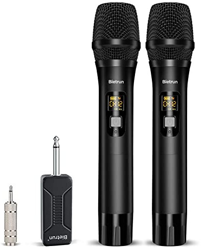 Bietrun UHF drahtlos Mikrofon Metall 50M kabellos dynamische Funkmikrofon zwei Handmikrofone mit einem 6,35mm Empfänger für Verstärker Mischpult PA Anlage Karaoke Hochzeit Party Konferenz Rede Schwarz