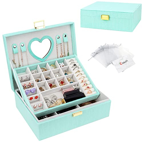 Casiwaft Caja joyero de 2 Niveles con Espejo, Caja Grande de Joyas de Terciopelo, Organizador de Joyas con bandeja de joyería para Pulseras, Pendientes, Anillos, Collares, Verde menta