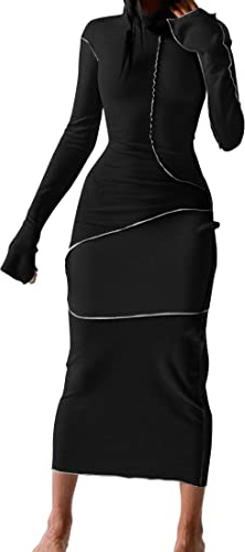Cqinnifu Sexy Hoodie Dress for Women Long Sleeve Bodycon Sweatshirt Dress Casual Maxi Dresses Black