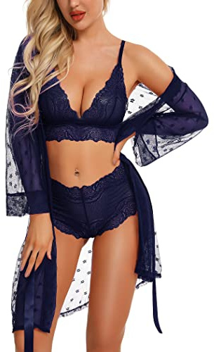 RSLOVE Ensemble de Lingerie Féminine Sexy Robe Kimono en Dentelle 3 Pièces avec Soutien-Gorge et Culotte Ensemble de Vêtements de Nuit