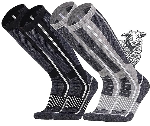 TFCIOD Chaussettes de Ski Thermiques pour Hommes et Femmes, 2 Paires Cadeaux Noël, Chaussette Sport Hiver Laine Mérinos, 37-44, Gris (Gray), Anti-froid, Antidérapante, Pour Ski, Randonnée, Sport