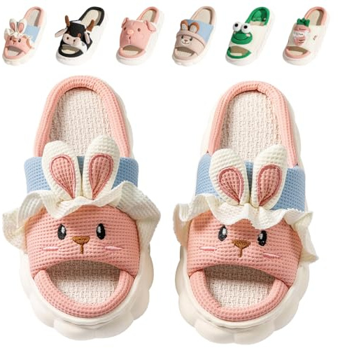 Fadezar Cow Bunny Frog Slippers Women Mens Cloud Sliders, Open Toe Cute Animal Slippers for Women Thick Sole Pillow Slides Bunny Pink UK 5.5-6 (Label Size 40-41)