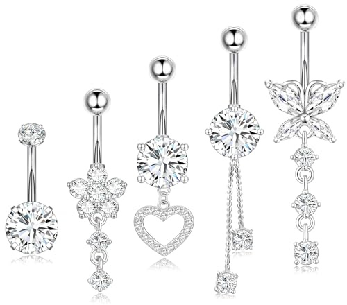 hautllaif 5pcs Belly Button Bars Sterling Silver,Belly Bar 14G Navel Bars,Dangly Belly Button Piercing Jewellery