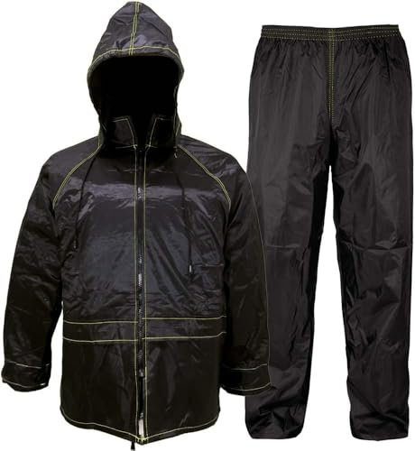 Auto Accessori Lupex Tuta Moto Impermeabile Antipioggia Antivento, colore nero, con borsa, completo giacca e pantalone da pioggia con cappuccio a scomparsa, a Taglie, Pvc, Unisex Uomo Donna (M)