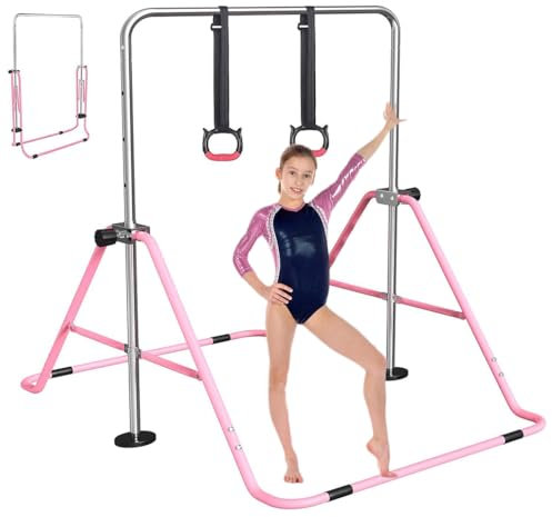 BAKAJI Barra de gimnasia y danza para niños y niñas de metal, barra paralela plegable y ajustable en altura, soporte horizontal para fitness con 2 anillas, mango ergonómico de espuma