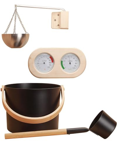 Ensemble D'accessoires Pour Sauna | Kit D'accessoires De Sauna | Seau De Sauna En Aluminium Avec Louche | Kit D'accessoires Complet Pratique Avec 7L Seau De Saun, Thermomètre, Hygromètre, Poêle