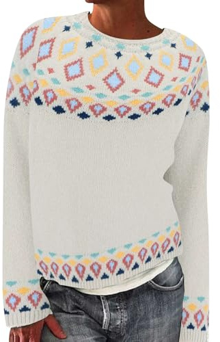 Icelandic Fair Isle Jumpers for Women Uk Vintage Fairisle Nordic Ladies Jumper Casual Loose Long Sleeve Crew Neck Knit Jacquard Pullover Sweater Stylish Retro Pattern Wool Knitwear White