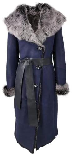 Hollert Damen Toscana Lammfellmantel Lanessa Blau Wintermantel Fellmantel kuschelig weich mit Kapuze Größe L