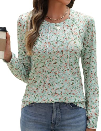 PASUDA Maglietta Donna Maniche Lunghe Cotone T-Shirt Elegante Camicia con Girocollo Stampa Tee Magliette Casual Moda Shirt Blusa Tee Tops(Fiore Verde,L)