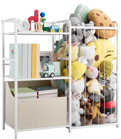 VEVOR Organizer per Giocattoli Peluche, Libreria per Bambini a 2 Livelli, Mobiletto Portaoggetti con Baule per Giochi in Tessuto, per Camere da Letto, Sale Giochi, Asili Nido, Scuole Materne, Bianco
