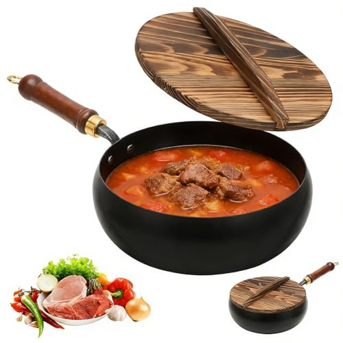 Umllpet Sartén de hierro forjado a mano con tapa, olla Big Belly sin revestimiento, apta para inducción, olla de hierro con mango de madera para asar, guisar, saltear (28 cm)