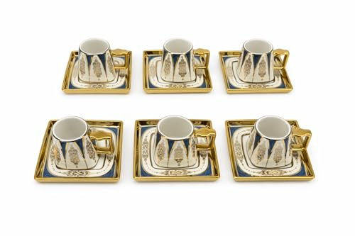 Uppsättning med 6 mockakoppar av porslin med tefat, guld-blått, orientaliskt mönster, 70 ml, perfekt för espresso och arabiskt kaffe