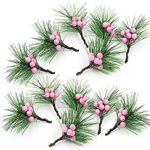 LEMCC 24PCS Artificial Christmas Mini Pine Picks Pink Berry Stems Picks Small Artificial Pine Tree Branches for Christmas Tree Decorations DIY Crafts Home Decor