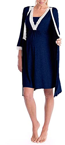 Bysion Donna Set Vestaglia e Camicia Cotone Allattamento Premaman Elegante Scollo a V Pizzo Vestito Pigiami Casa Casual Comodo - Pacco da 2